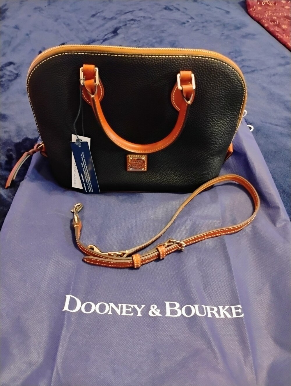 Dooney & Bourke Black Pebble Leather Satchel with Tan Trim and Strap